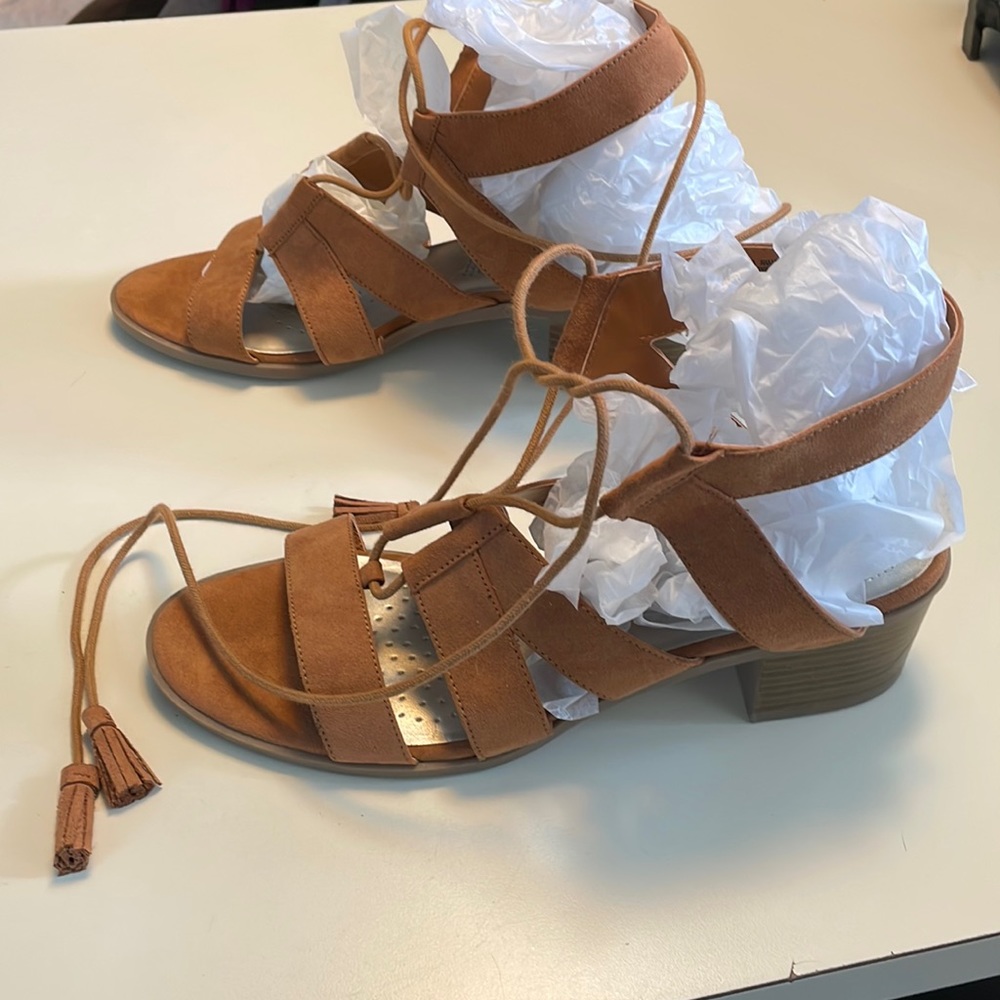 A.N.A tan color, suede, 2.25” wrap around ankle block heels size 11